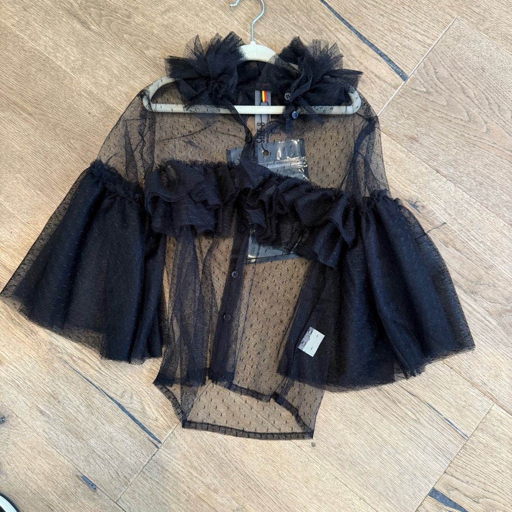 NWT CAROLINE BOSMANS Chic Black Sheer Blouse with Ruffles